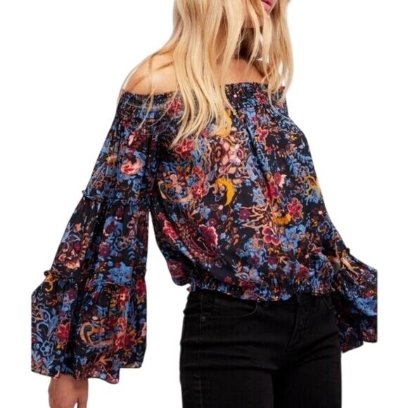 Free People Free Spirit Off the Shoulder Blouse XS Flare Sleeve Boho Festival - Picture 1 of 8